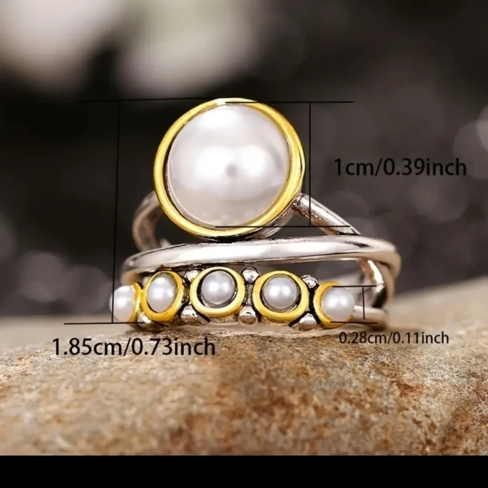 Vintage Ring Inlaid Artificial Pearl Multi Layer Design